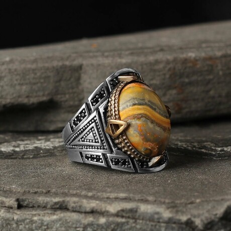 925 Sterling Silver Genuine Bumble Bee Jasper Stone Ring // V2 (6.5)