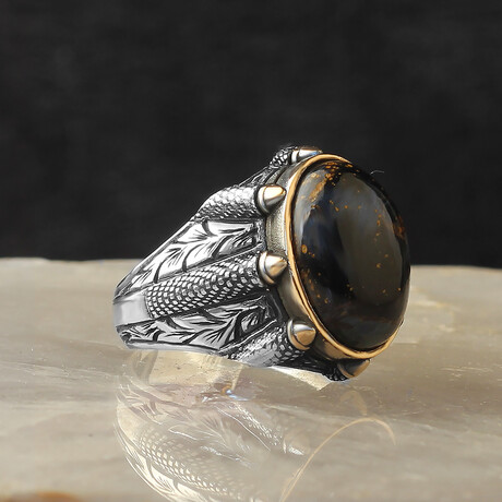 925 Sterling Silver Genuine Pietersite Stone Claw Shape Ring // V1 (6.5)