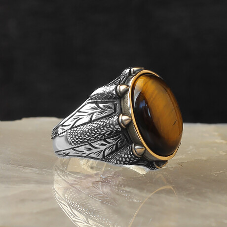 925 Sterling Silver Genuine Tiger's Eye Stone Claw Shape Ring (6.5)