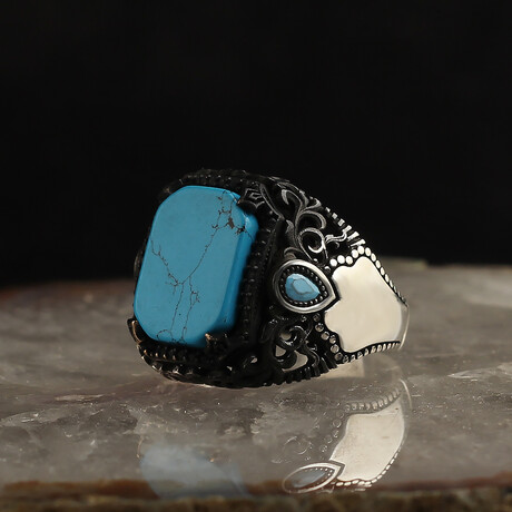 925 Sterling Silver Genuine Turquoise Stone Ring // V2 (6.5)