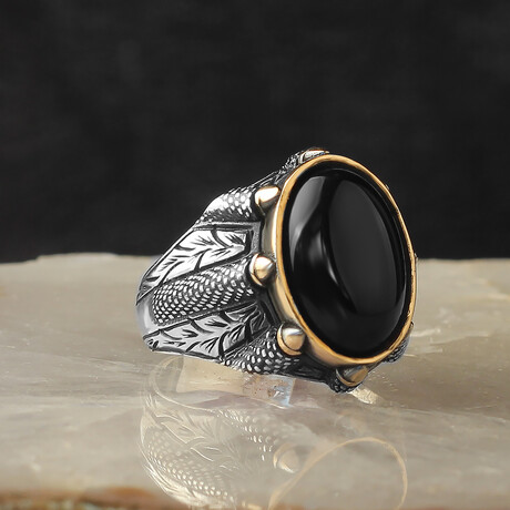 925 Sterling Silver Natural Onyx Stone Claw Shape Ring (6.5)