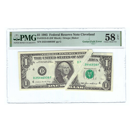 1985 $1 Small Size Federal Reserve Note // Gutter Fold Error // PMG Certified Choice About Uncirculated 58 EPQ