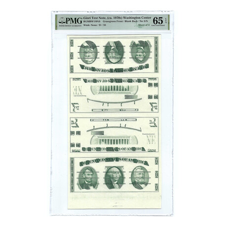 1970's Giori Test Notes // Uncut Sheet of 4 Washington Center // PMG Certified Gem Uncirculated 65 EPQ