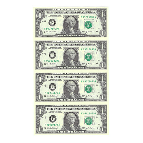 2003 $1 Small Size Federal Reserve Notes // Uncut Sheet of 4 Unissued Notes