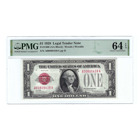 1928 $1 Small Size Legal Tender Note // PMG Certified Choice Uncirculated 64 EPQ