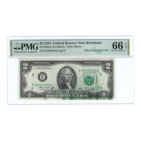 1976 $2 Small Size Legal Tender Note // Offset Printing Error // PMC Certified Gem Uncirculated 66 EPQ