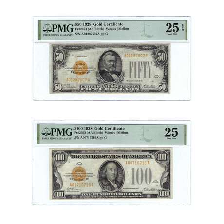 1928 Small Size Gold Certificate // Set of 2 // $50 & $100 Denominations // PMG Certified Very Fine 25