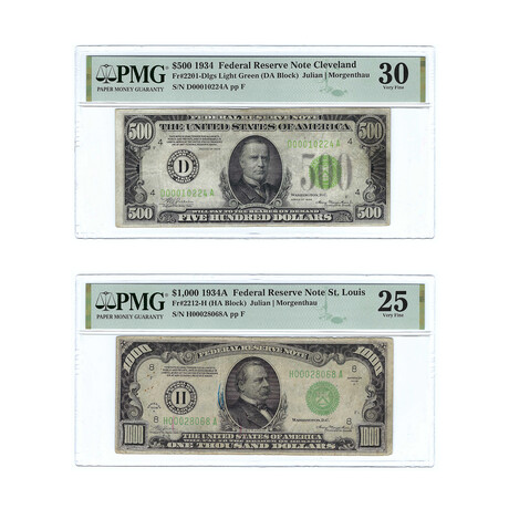 1934 Small Size Federal Reserve Note // $500 & $1000 Denominations // PMG Certified Very Fine
