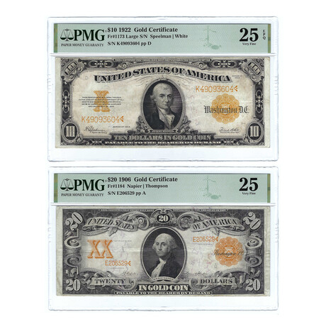 $10 & $20 Large Size Gold Certificate // 1922 & 1906 Set of 2 // PMG Certified Very Fine 25