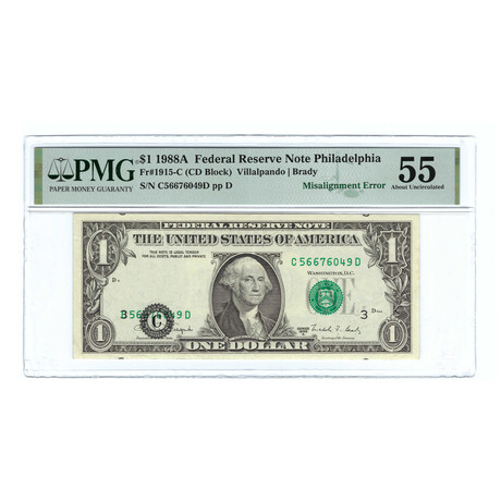 1988 $1 Small Size Federal Reserve Note // Misalignment Error // PMG Certified About Uncirculated 55