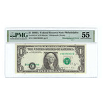 1988 $1 Small Size Federal Reserve Note // Misalignment Error // PMG Certified About Uncirculated 55