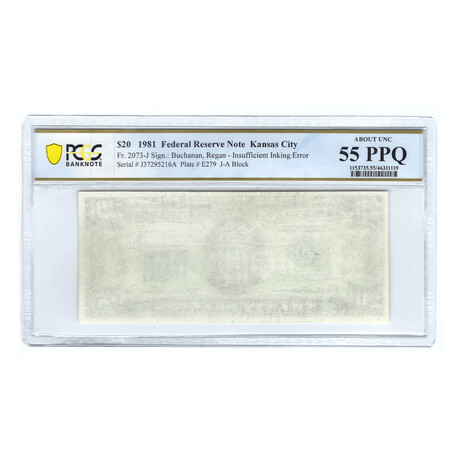 1981 $20 Small Size Federal Reserve Note // Insufficient Inking Error - Blank Back // PCGS Certified AU55 PPQ