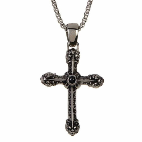 Dell Arte // Stainless Steel Cross + Black Onyx Ornaments + Necklace // Silver