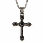 Dell Arte // Stainless Steel Cross + Black Onyx Ornaments Pendant Necklace // Silver