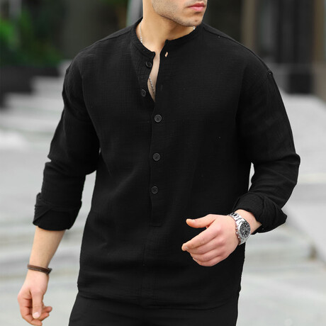 Collarless Button-Up Shirt // Black (S)