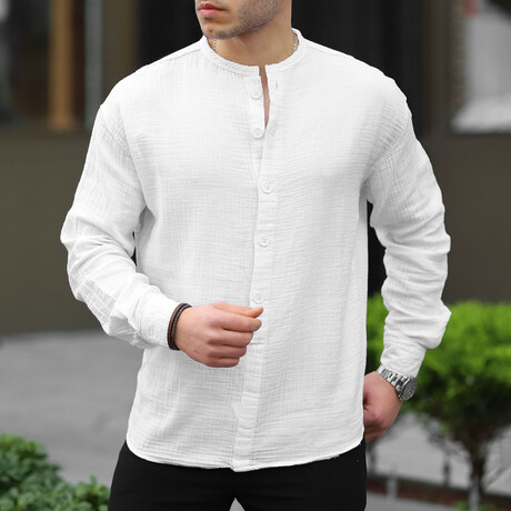 Collarless Button-Up Shirt // White (S)