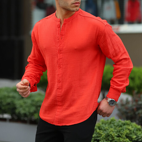 Collarless Button-Up Shirt // Red (S)