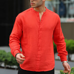 Collarless Button-Up Shirt // Red (L)