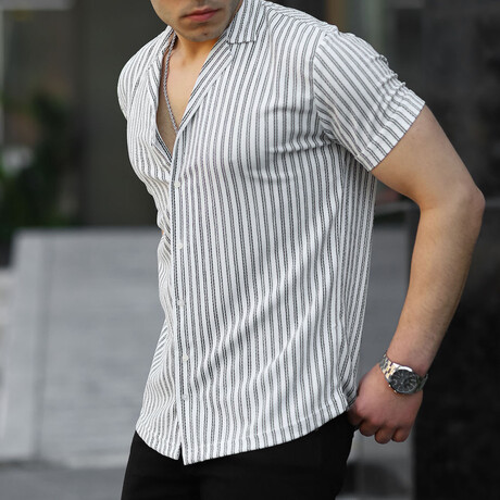 Striped Short Sleeve Button-Up // White (S)