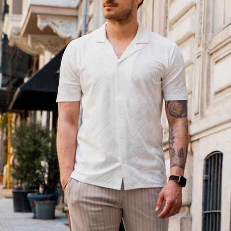 Jacquard Patterned Short Sleeve Shirt // White (S)