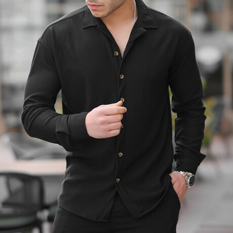 Ribbed Long Sleeve Button-Up // Black (S)