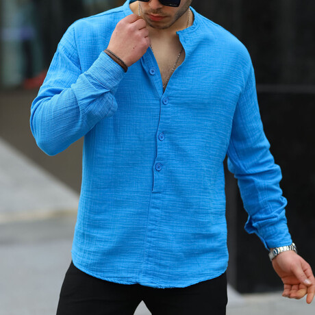 Collarless Button-Up Shirt // Blue (S)