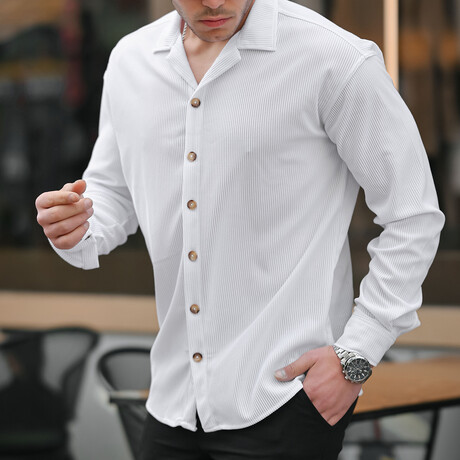 Ribbed Long Sleeve Button-Up // White (S)