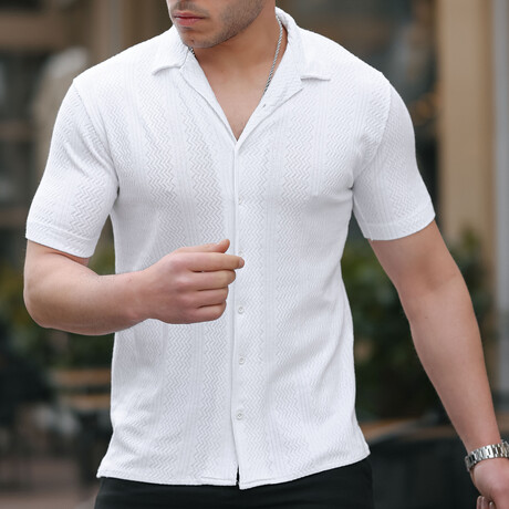 Patterned Short Sleeve Button-Up // White (S)