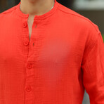 Collarless Button-Up Shirt // Red (L)