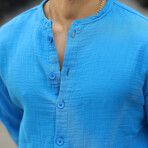 Collarless Button-Up Shirt // Blue (S)