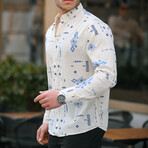 Patterned Long Sleeve Button-Up // Beige + Navy (S)