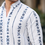 Patterned Long Sleeve Button-Up // White + Navy (S)