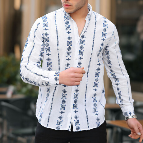 Patterned Long Sleeve Button-Up // White + Navy (S)