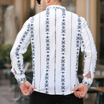 Patterned Long Sleeve Button-Up // White + Navy (S)