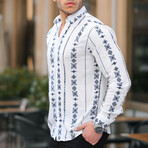 Patterned Long Sleeve Button-Up // White + Navy (S)