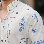 Patterned Long Sleeve Button-Up // Beige + Navy (S)