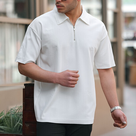 Ribbed Half Zip Polo // White (S)