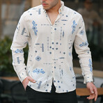 Patterned Long Sleeve Button-Up // Beige + Navy (S)