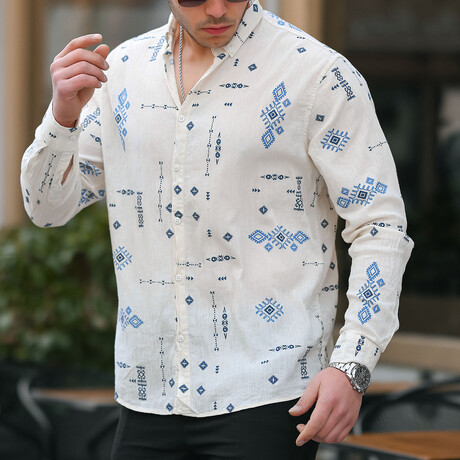 Patterned Long Sleeve Button-Up // Beige + Navy (S)