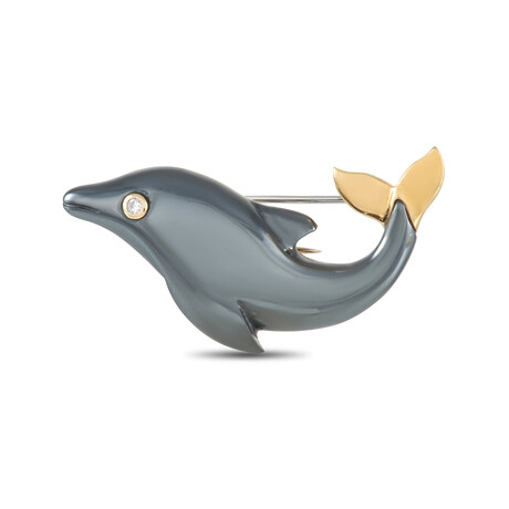 Dominique Arpels // Ladies 18K Yellow Gold Hematite + Diamond Dolphin Brooch // Estate