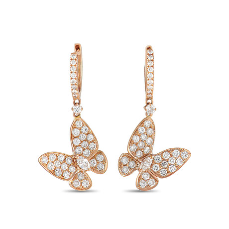 LB Exclusive // Ladies 18K Rose Gold Diamond Butterfly Dangle Earrings // New