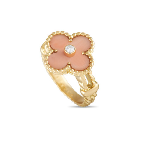 Van Cleef & Arpels // Ladies Alhambra 18K Yellow Gold Coral Ring // Ring Size: 5.25 // Estate