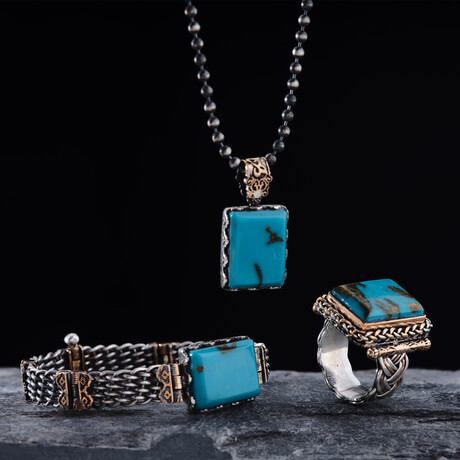 Turquoise Stone Silver Bracelet Necklace Ring Set (9)