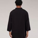 Linen Shirt // Mandarin Neck Button Down Asymmetric // Black (XL)