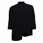 Linen Shirt // Mandarin Neck Button Down Asymmetric // Black (XL)