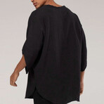 Linen Shirt // Bohemian Round Neck Bell Sleeve // Black (M)