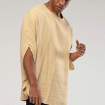 Linen Shirt // Bohemian Round Neck Bell Sleeve // Camel (XL)