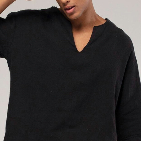 Linen Shirt // Bohemian V Neck // Black (S)