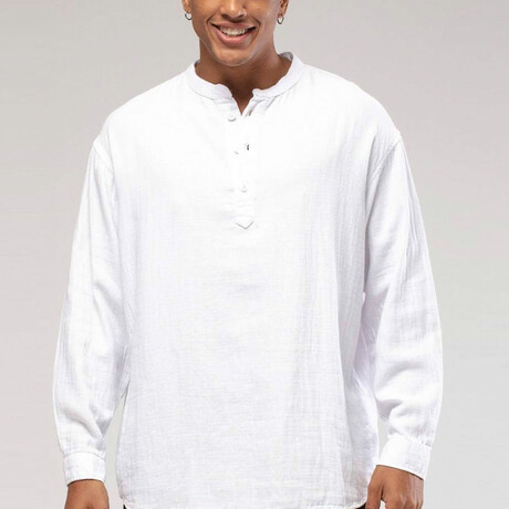 Linen Long Sleeve Shirt // Mandarin Neck Half Button // White (S)