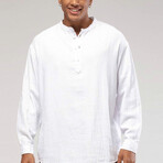 Linen Long Sleeve Shirt // Mandarin Neck Half Button // White (XL)